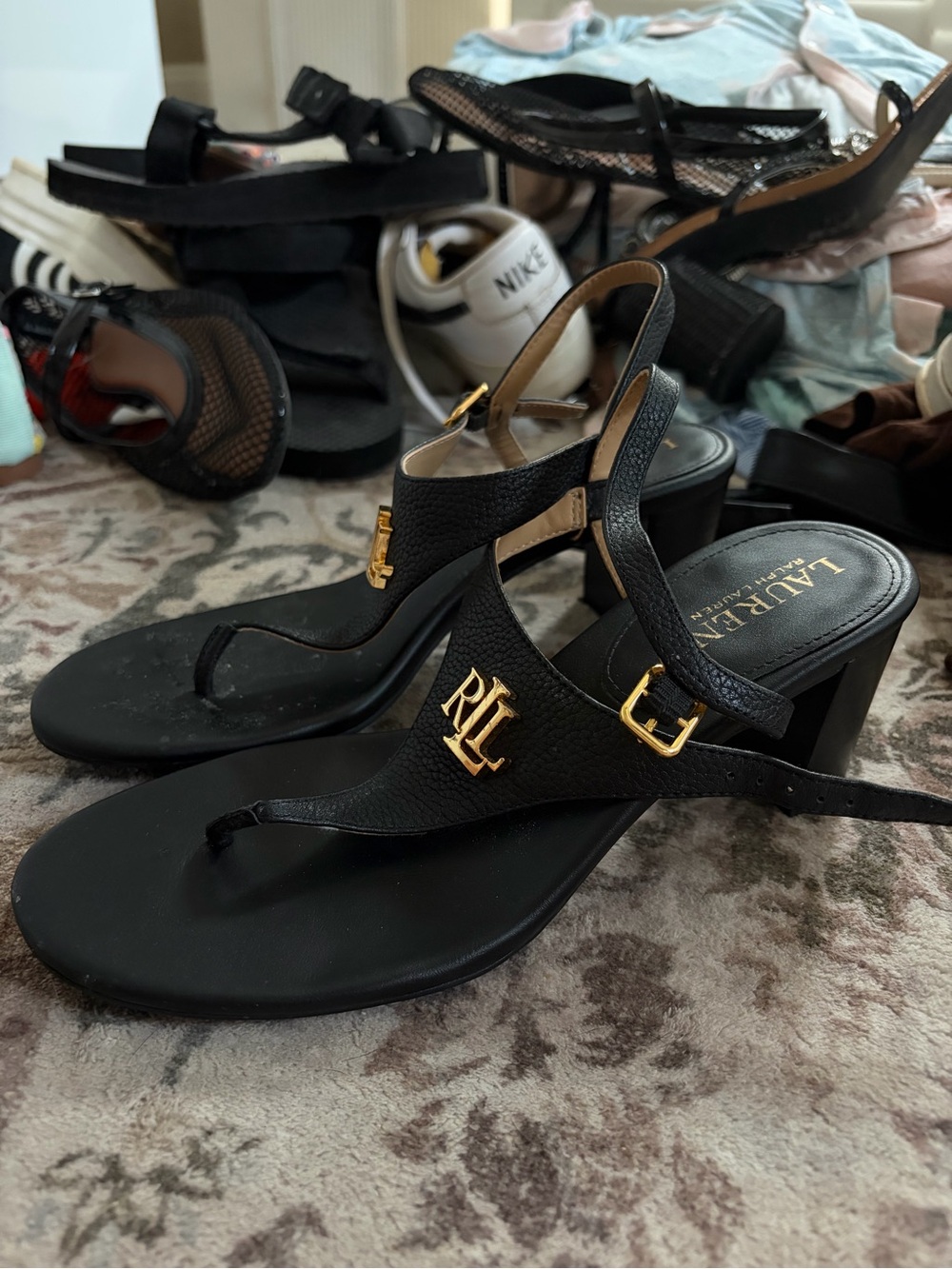 Lauren Ralph Lauren Black Leather Heeled Thong Sandals with Gold RL Logo